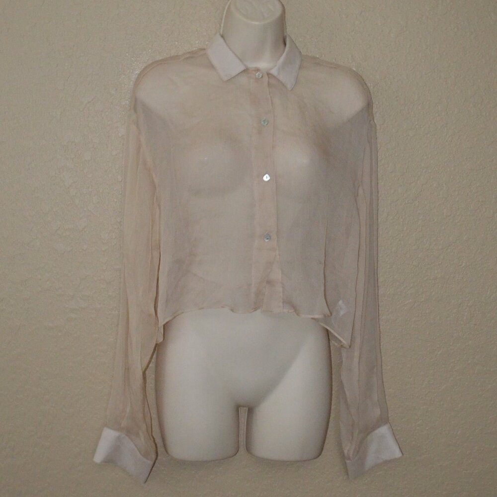 Sz S Sablyn Beige Silk Button Down Cropped  Long Sleeve Blouse